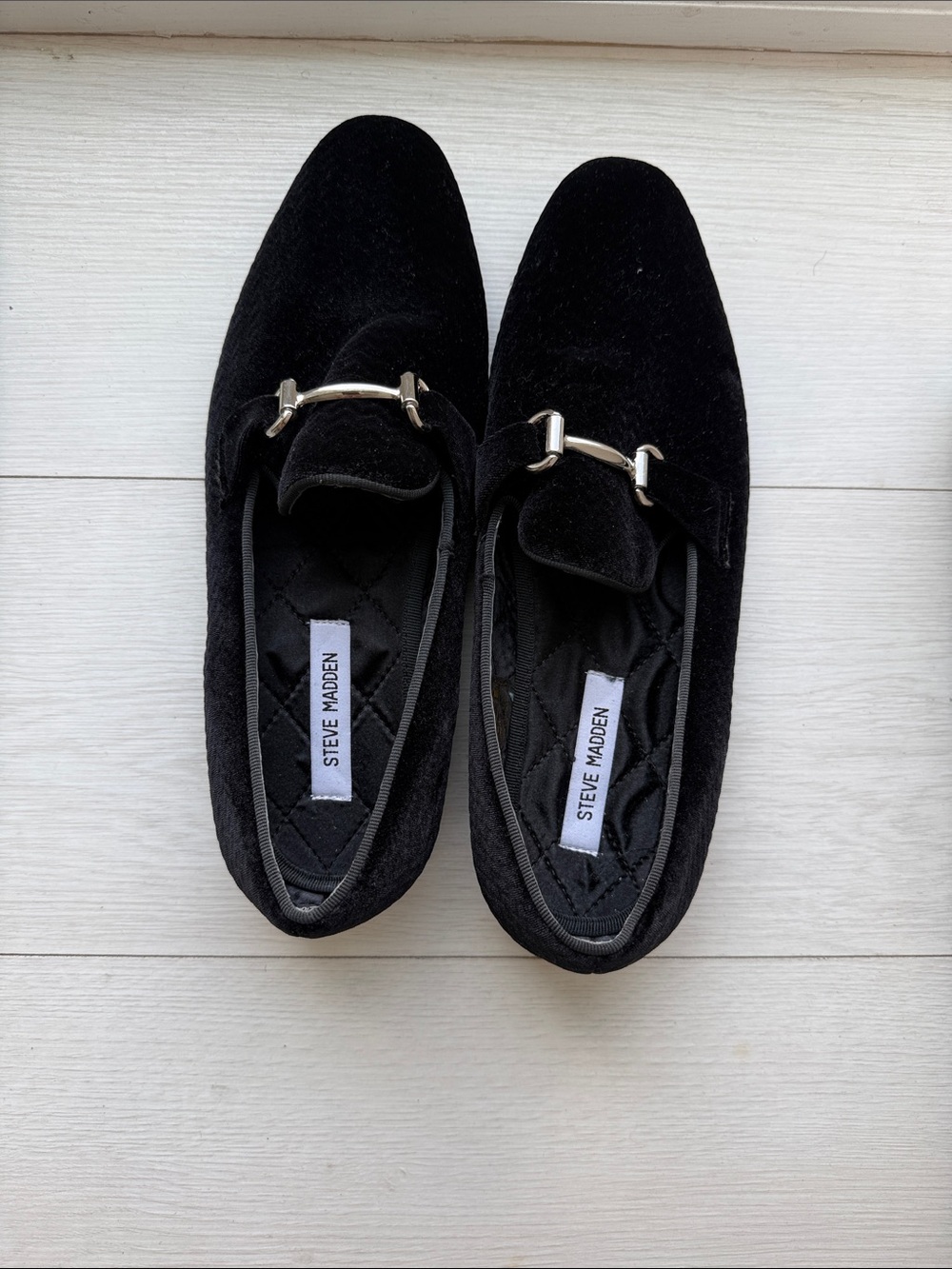 Steve Madden Black Velvet Loafers with Silver Hardware